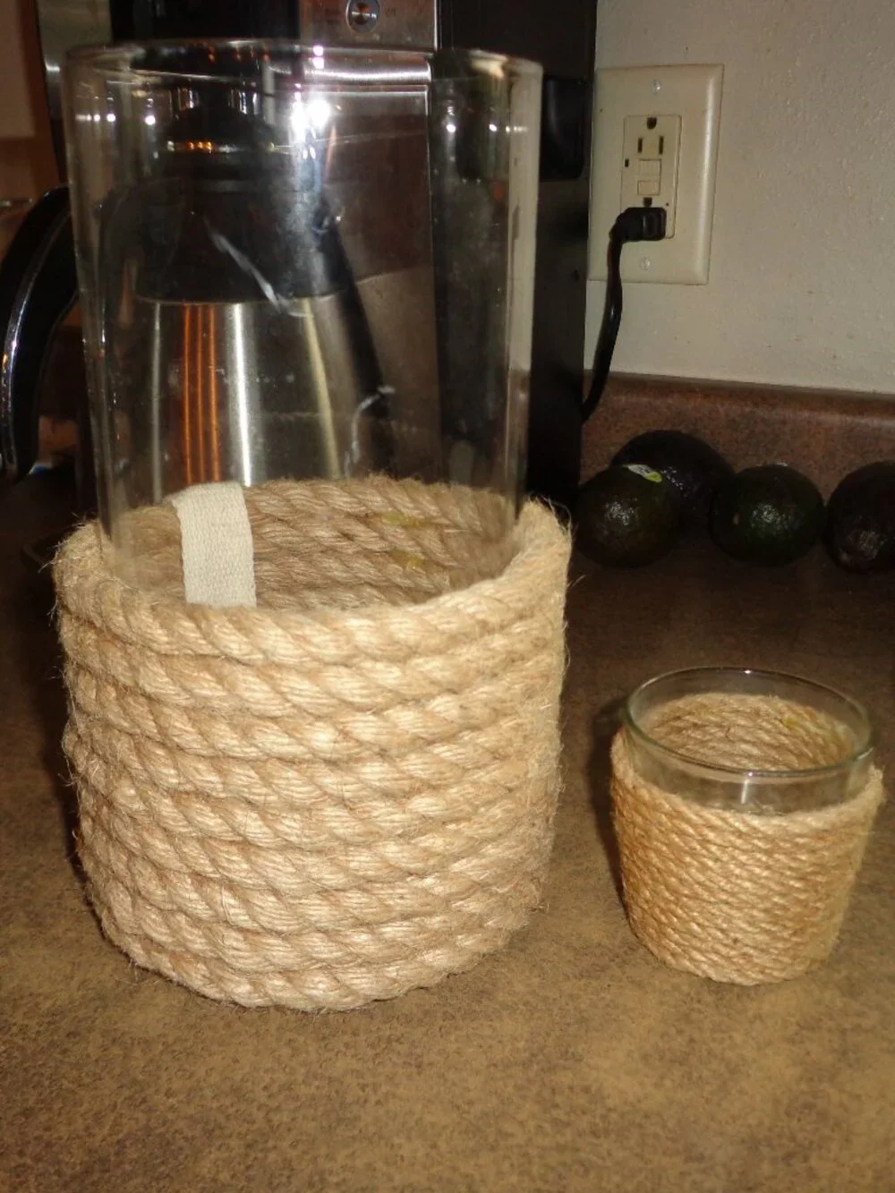 Lot of 2 Nautical Candle Holders Rope Glass Coastal Pillar & Tea Light Candle